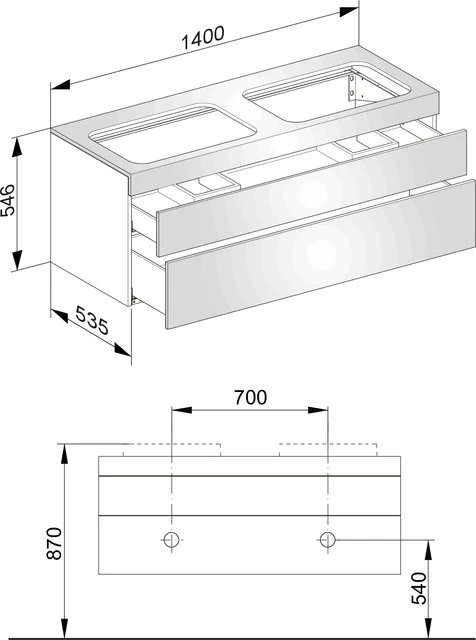 Edition 400 Waschtischunterbau o. Hahnlochbohrung, 2 Auszüge 1400 x 546 x 535 mm weiß/Glas cashmere Waschtischunterbau Edition 400 31574, Hahnloch, weiß/Glas cashmere klar