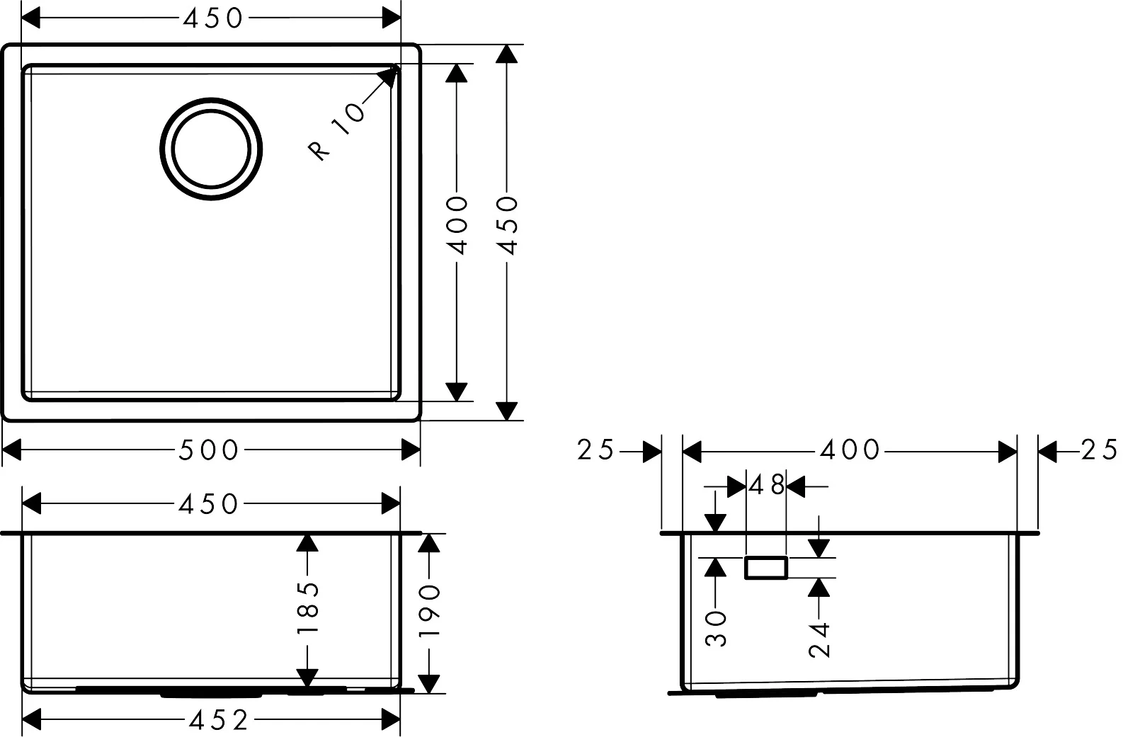 Hansgrohe S71 Unterbauspüle 450 mm Edelstahl, flach aufliegend oder flächenbündig, 1 Hauptbecken, seitlicher Überlauf rechts