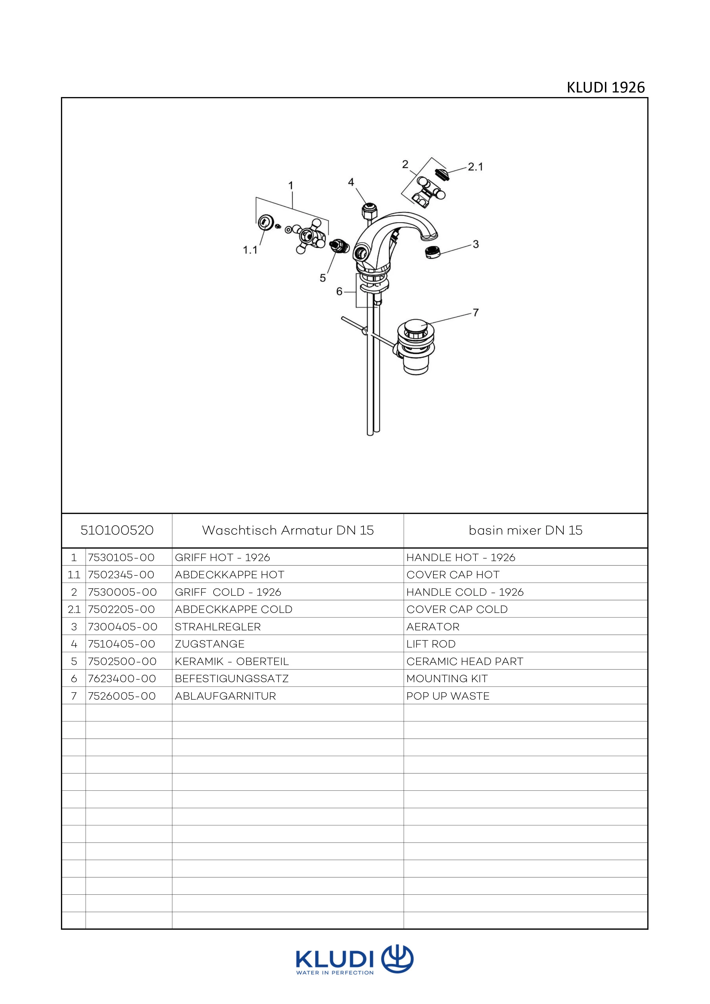 1926 Waschtischarmatur Ablaufgarnitur, Unterkante Auslaufhöhe 125 mm, chrom 1926 Waschtischarmatur Ablaufgarnitur, Unterkante Auslaufhöhe 125 mm, chrom