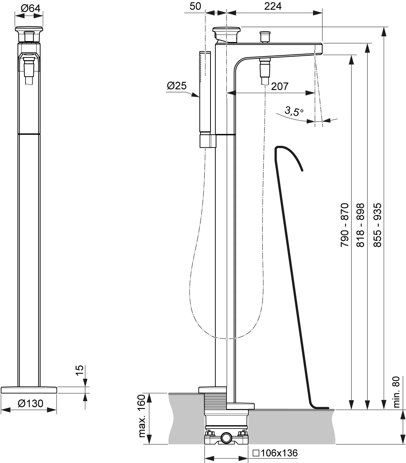 Villeroy & Boch Einhebel-Badewannenarmatur Vea, Chrom, 64x274x935mm, mit AirPlus und SmartPressure, inkl. Stabhandbrause Villeroy & Boch Einhebel-Badewannenarmatur Vea, Chrom, 64x274x935mm, mit AirPlus und SmartPressure, inkl. Stabhandbrause
