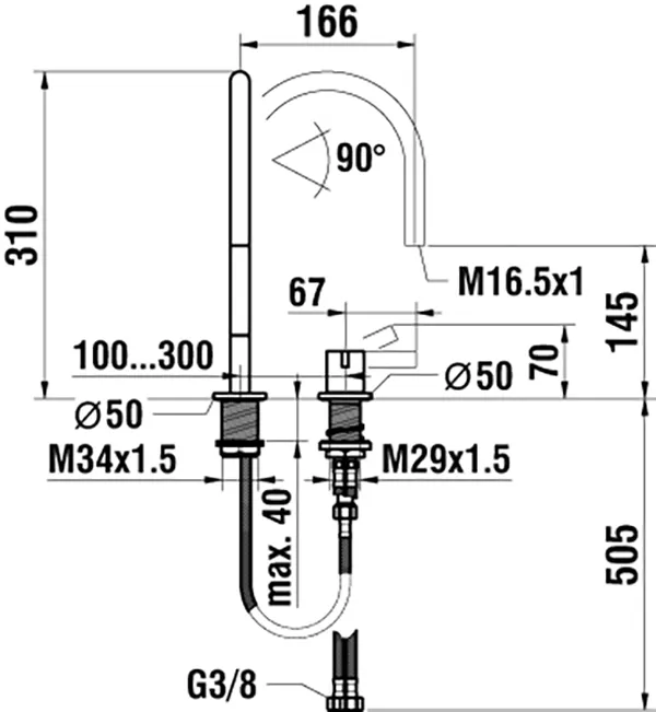 2-Loch-Waschtischmischer Kartell Schwenkauslauf Ausladung 166 mm ohne Ablaufventil PVD Blassgold matt