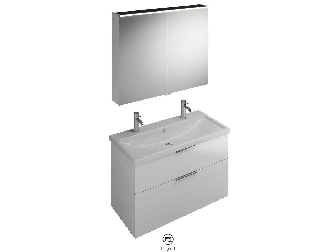 burgbad Badmöbelset Keramik-Waschtisch inkl. Waschtischunterschrank und Spiegelschrank „Eqio“ 103 cm Stangengriff, Schwarz Matt (140 / 397 mm), in Grau Hochglanz burgbad Badmöbelset Keramik-Waschtisch inkl. Waschtischunterschrank und Spiegelschrank „Eqio“ 103 cm Stangengriff, Schwarz Matt (140 / 397 mm), in Grau Hochglanz