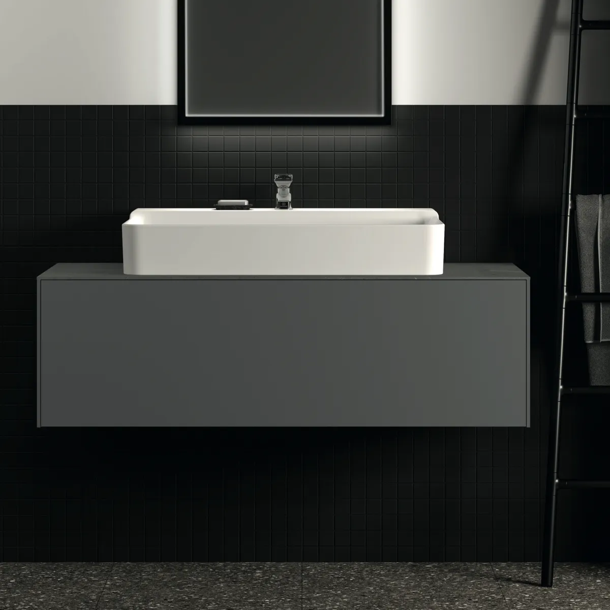 Waschtischplatte Conca, aus Keramik, 1202x505x6mm, Marmor Noir Desir