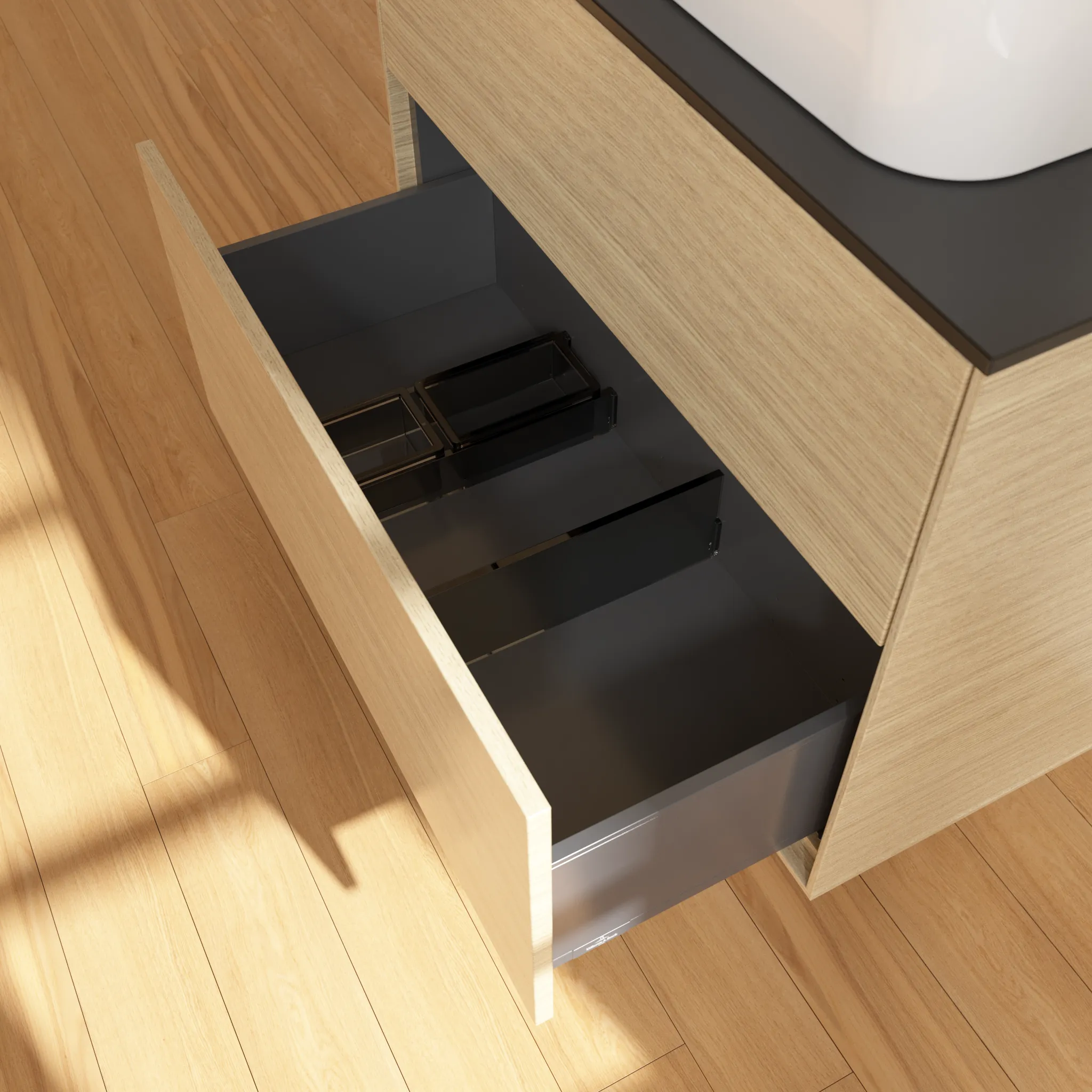 Villeroy & Boch Waschbeckenunterschrank Finion F09, Eckig Oak Veneer mit Glass Black Matt Abdeckplatte, 800 x 603 x 501 mm, 2 Auszüge mit SoftClosing und Push-to-open Funktion Villeroy & Boch Waschbeckenunterschrank Finion F09, Eckig Oak Veneer mit Glass Black Matt Abdeckplatte, 800 x 603 x 501 mm, 2 Auszüge mit SoftClosing und Push-to-open Funktion