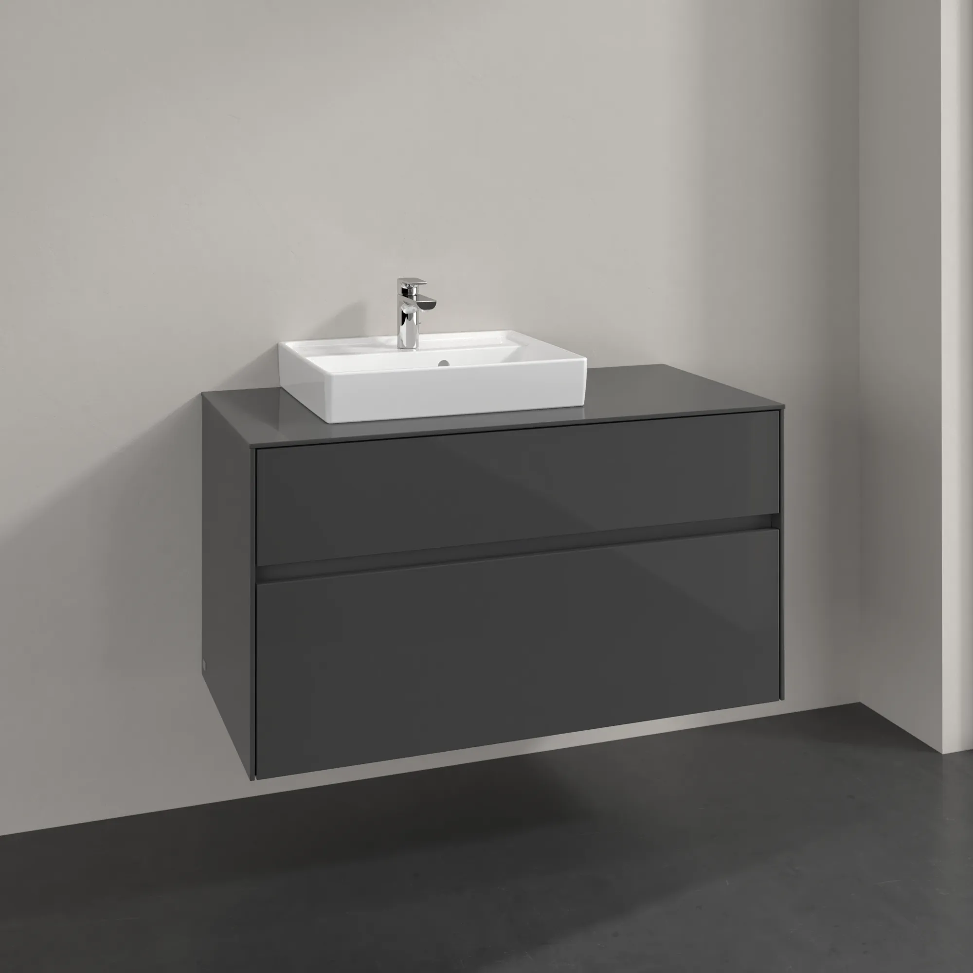 Villeroy & Boch Waschbeckenunterschrank Collaro C01400, Eckig Glossy Grey, 1.000 x 548 x 500 mm, mit SoftClosing, 2 Auszügen, 1 Waschbecken