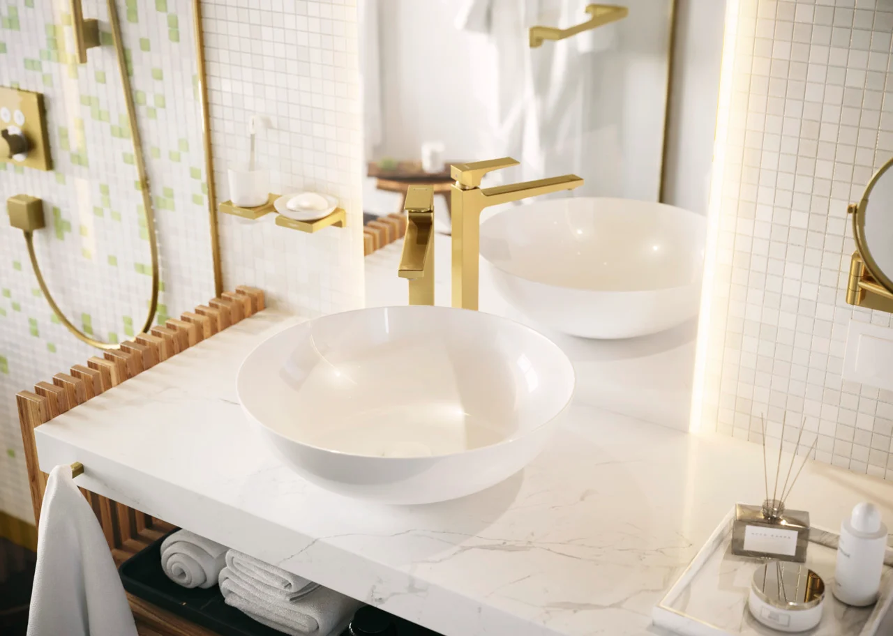 Hansgrohe AddStoris Q Handtuchhaken Polished Gold Optic Wandmontage Metall verdeckte Befestigung Bohrloch 6 mm