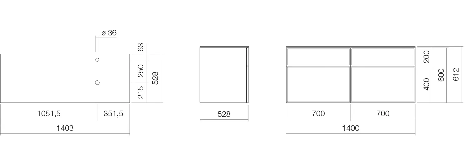 Alape Waschtischunterschrank „Arkta“ 1403 × 612 mm Weiß, ohne Hahnlochbohrung, rechts