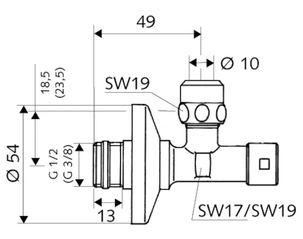 Eckventil mit Regulierfunktion und gesicherter Betätigung, Gesicherte Betätigung, Schubrosette Ø 54 mm, DN 15 G 1/2 AG mit ASAG easy, Ø 10 mm (DN 10 G 3/8 AG), chrom