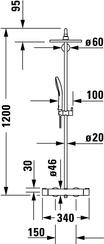 C.1 Shower System mit Brause- thermostat,Höhe 1200 Auslauf340 mm