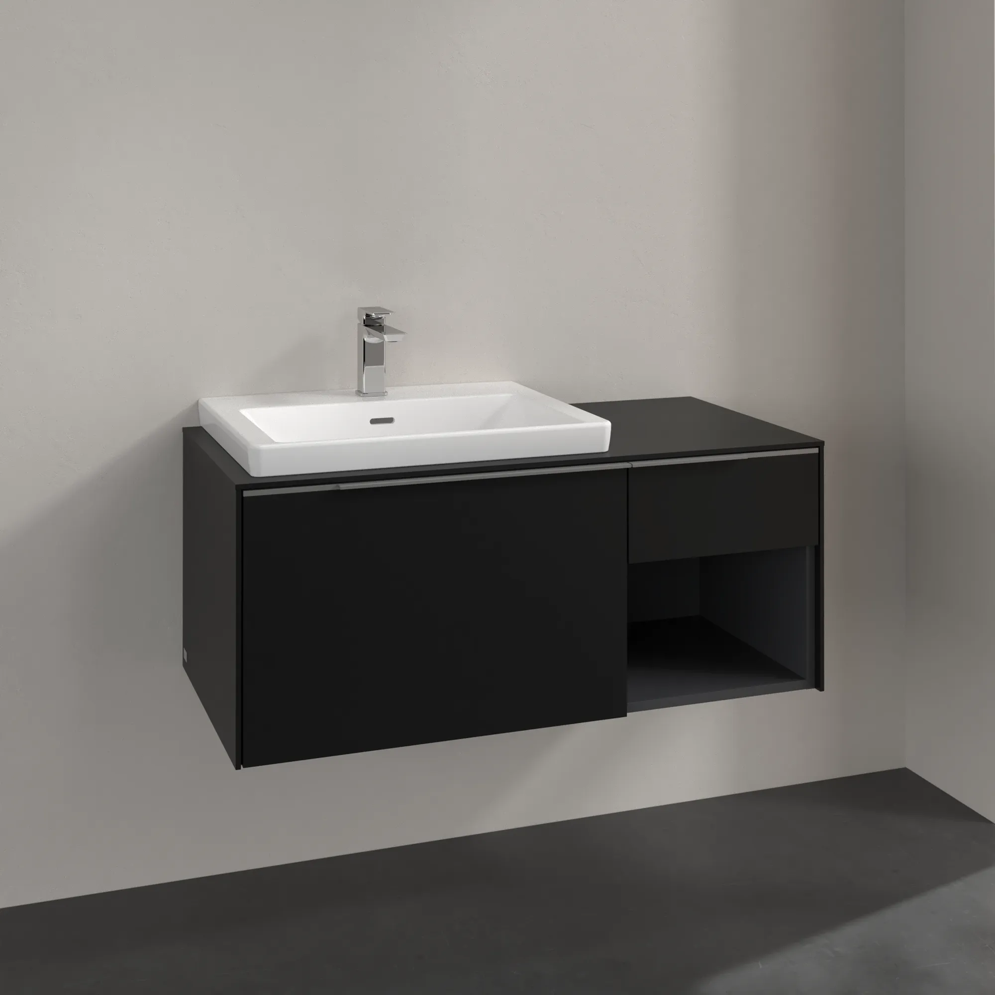 Villeroy & Boch Waschtischunterschrank mit Regalelement „Subway 3.0“ für Schrankwaschtisch 1001 × 423 × 516 mm Volcano Black, für Becken links Villeroy & Boch Waschtischunterschrank mit Regalelement „Subway 3.0“ für Schrankwaschtisch 1001 × 423 × 516 mm Volcano Black, für Becken links