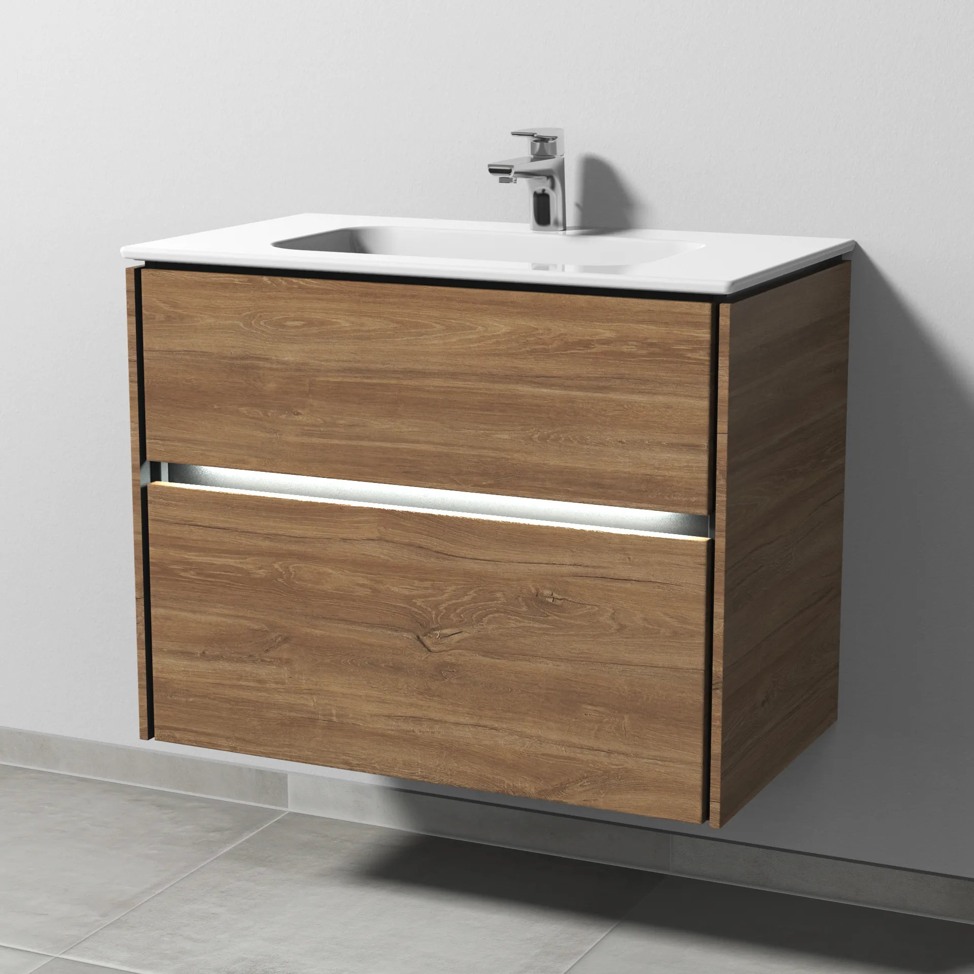 Keramik-Waschtisch-Set mit Waschtischunterschrank „Twiga“ 79 × 46 × 61 cm in Eiche Kansas, mit Hahnlochbohrung, mit Beleuchtung Keramik-Waschtisch-Set mit Waschtischunterschrank „Twiga“ 79 × 46 × 61 cm in Eiche Kansas, mit Hahnlochbohrung, mit Beleuchtung