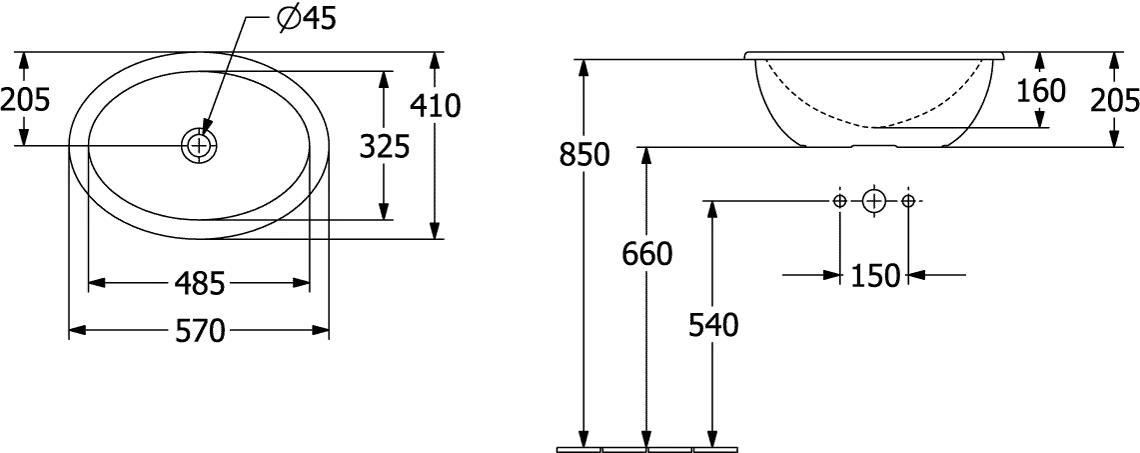 Einbauwaschtisch „Loop & Friends“, ohne Überlauf, ohne Hahnlochbohrung ⌀ 57 × 21,5 cm