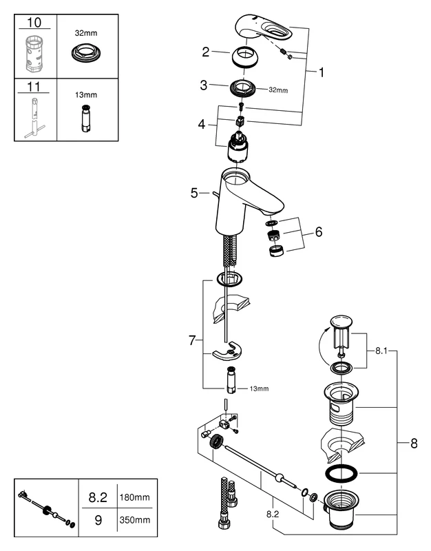 Einhand-Waschtischbatterie Eurostyle 33558_3, S-Size, Einlochmontage, offener Metall-Hebelgriff, Zugstangen-Ablaufgarnitur 1 1/4'', chrom