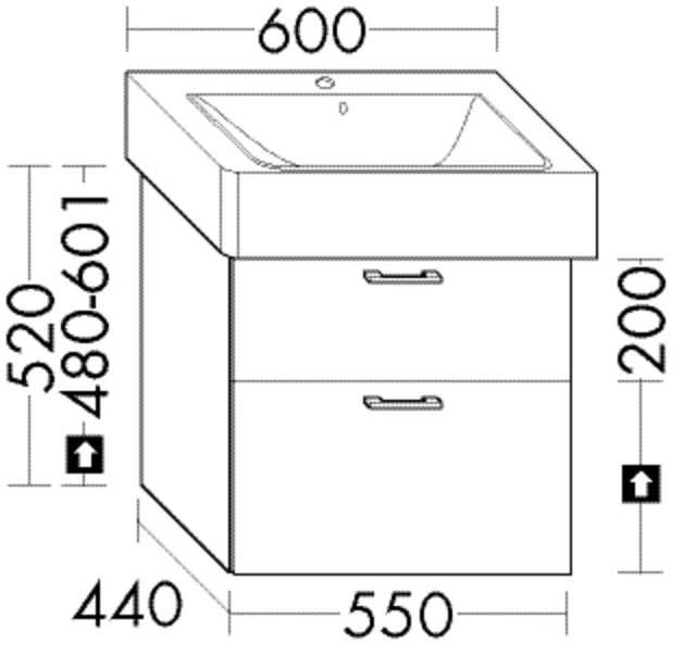 Burgbad Waschtischunterschrank Sys30, PG3, 440x550x520 mm, 1 Schublade oben, 1 Auszug unten, 350 mm tief