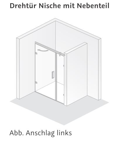 HSK rahmenlose Drehtür mit Nebenteil „Atelier Plan Pur“ für Nische Glas Linea 01 (80 cm), Scharniere Chromoptik (Alu Hochglanz poliert), Sondergröße HSK rahmenlose Drehtür mit Nebenteil „Atelier Plan Pur“ für Nische Glas Linea 01 (80 cm), Scharniere Chromoptik (Alu Hochglanz poliert), Sondergröße