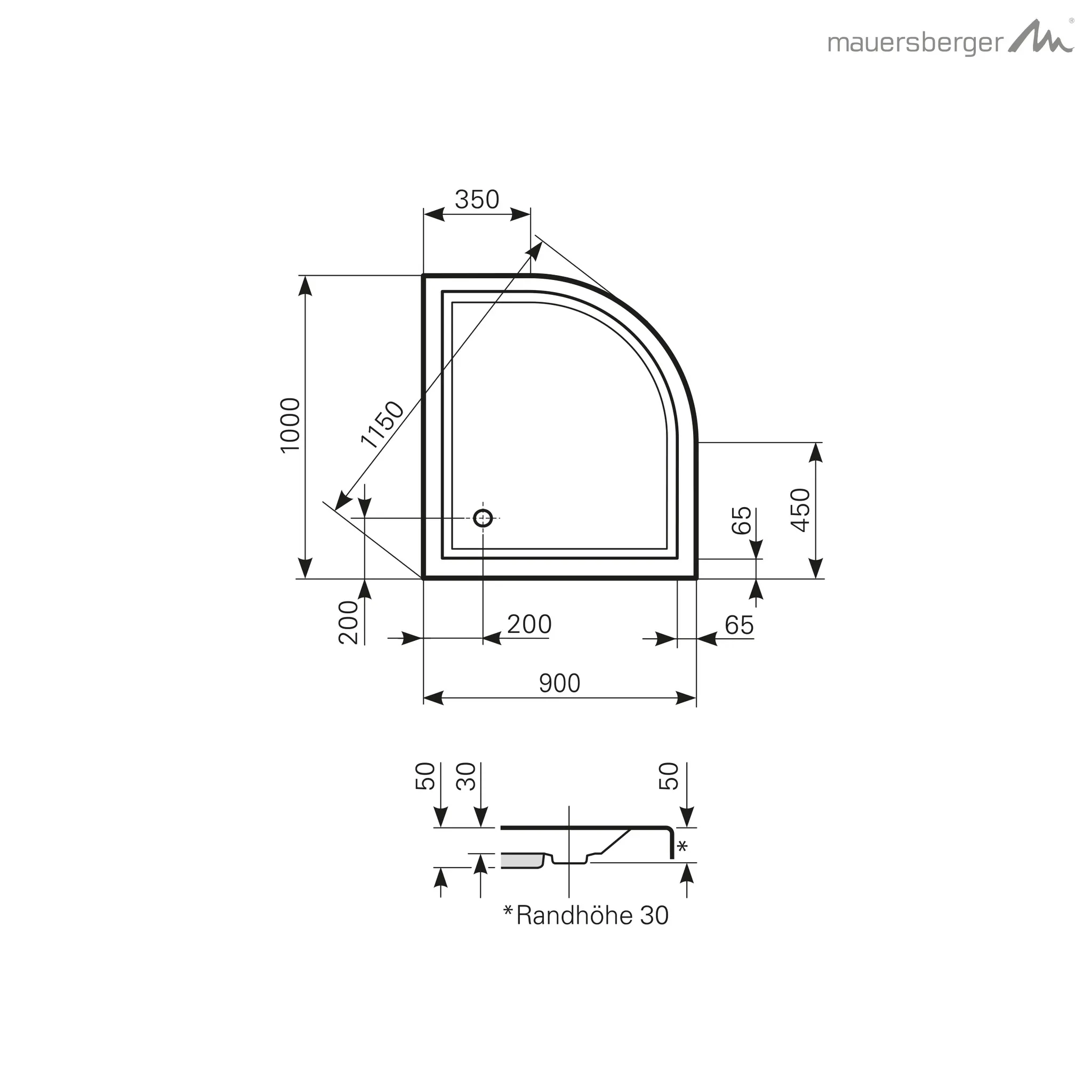 Mauersberger Acryl-Duschwanne albis 100⁄90 SF rechts, 1000x900x50, weiß