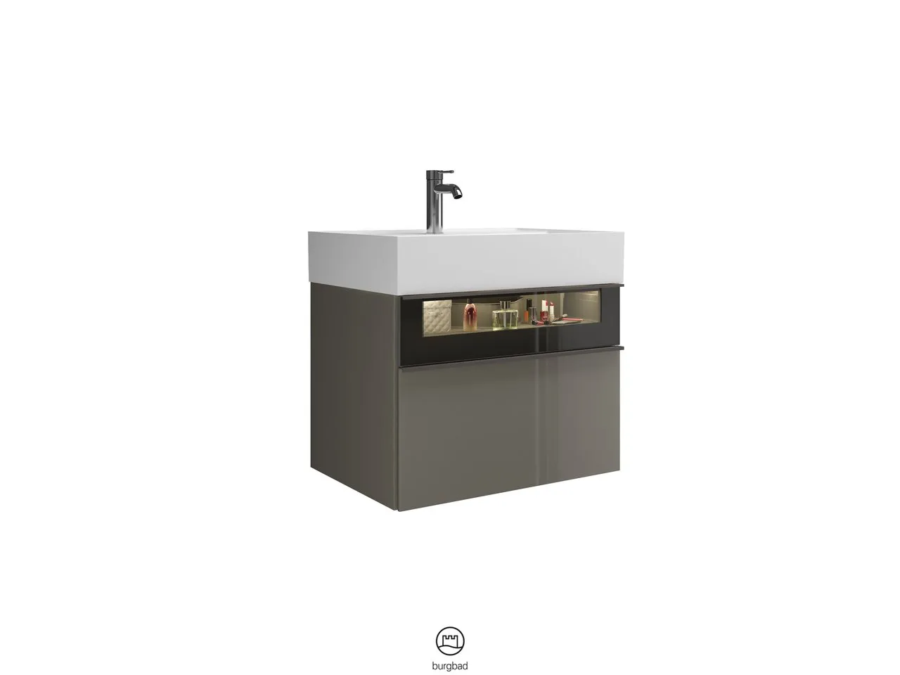 Yumo Mineralguss-Waschtisch inkl. WTU - burgbad, 470x665x610 mm, weiß mit Rauchglaseinsatz
