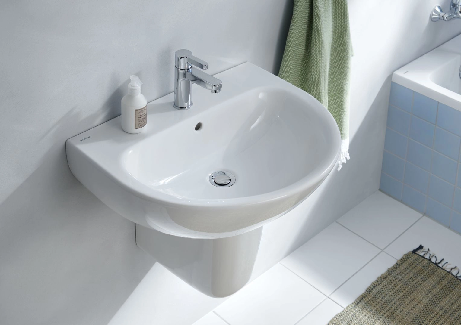 Wandwaschtisch „Renova“, mit Überlauf, Hahnlochposition mittig 60 × 48 cm in weiß alpin