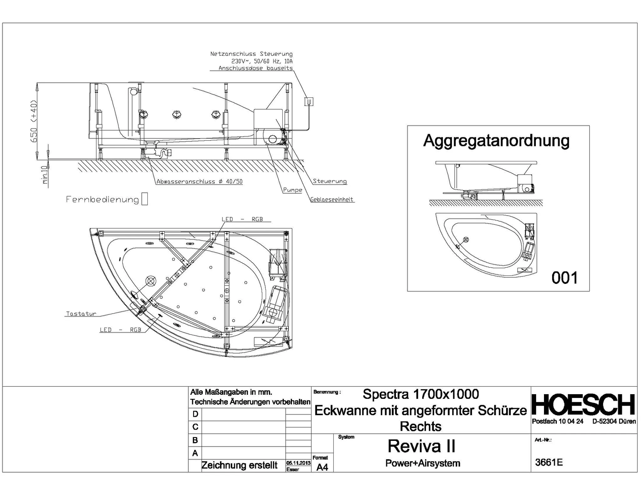 Hoesch Whirlwanne „Spectra“ mit Whirlsystem „Reviva II“ eck 171 × 101 cm in Weiß