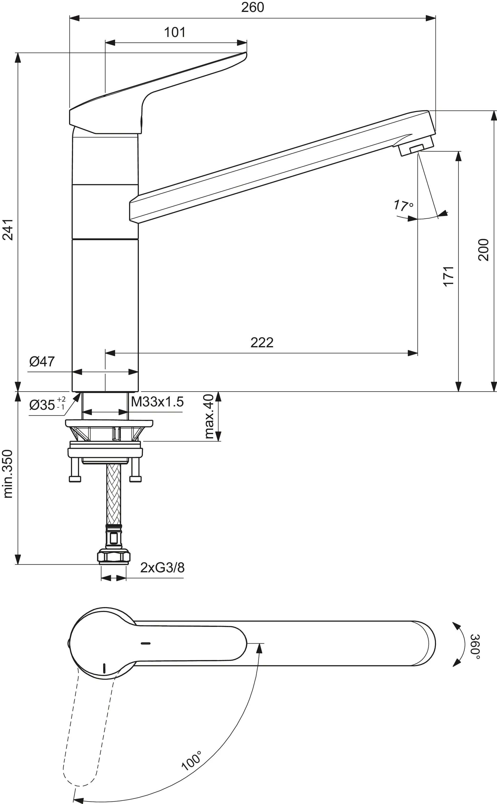 Ideal Standard Einhand-Küchenarmatur „Ceraflex“ Ausladung 222 mm