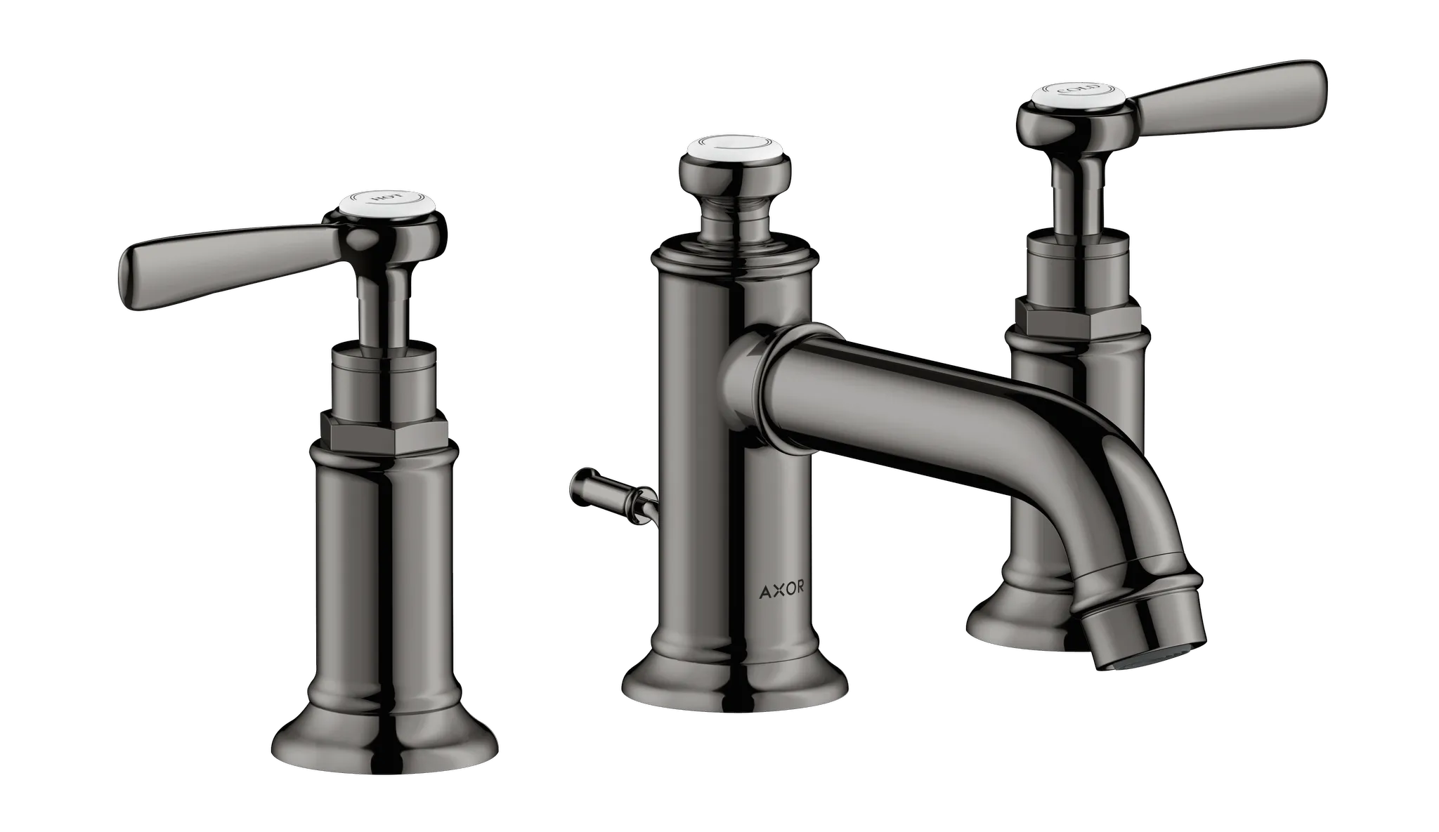 Hansgrohe AXOR Montreux 3-Loch Waschtischarmatur 30 mit Hebelgriffen und Zugstangen-Ablaufgarnitur, Polished Black Chrome Hansgrohe AXOR Montreux 3-Loch Waschtischarmatur 30 mit Hebelgriffen und Zugstangen-Ablaufgarnitur, Polished Black Chrome