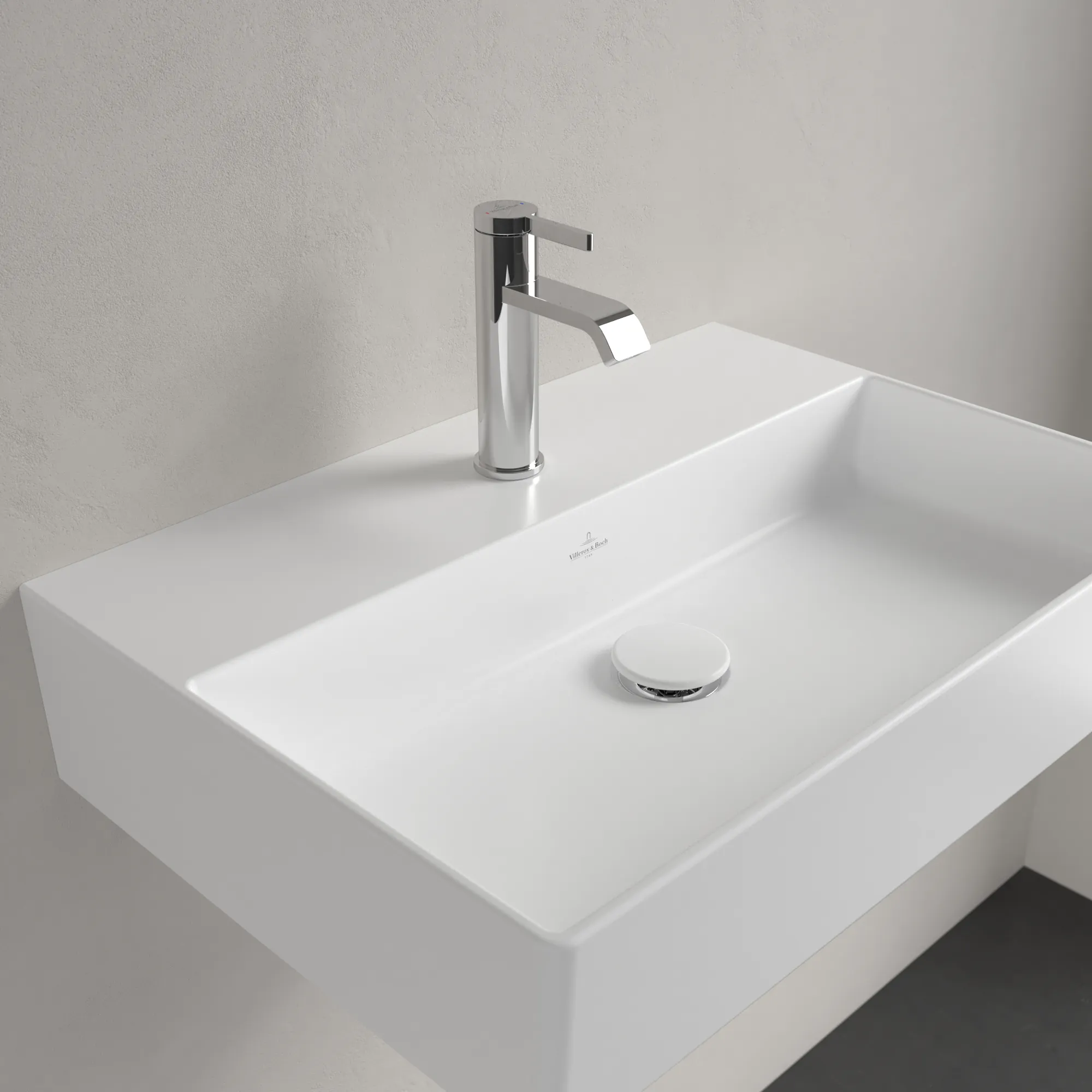 Villeroy & Boch Wandwaschtisch aus TitanCeram geschliffen „Memento 2.0“ 600 × 420 × 135 mm, mit Hahnlochbohrung, Hahnlochposition mittig in Stone White