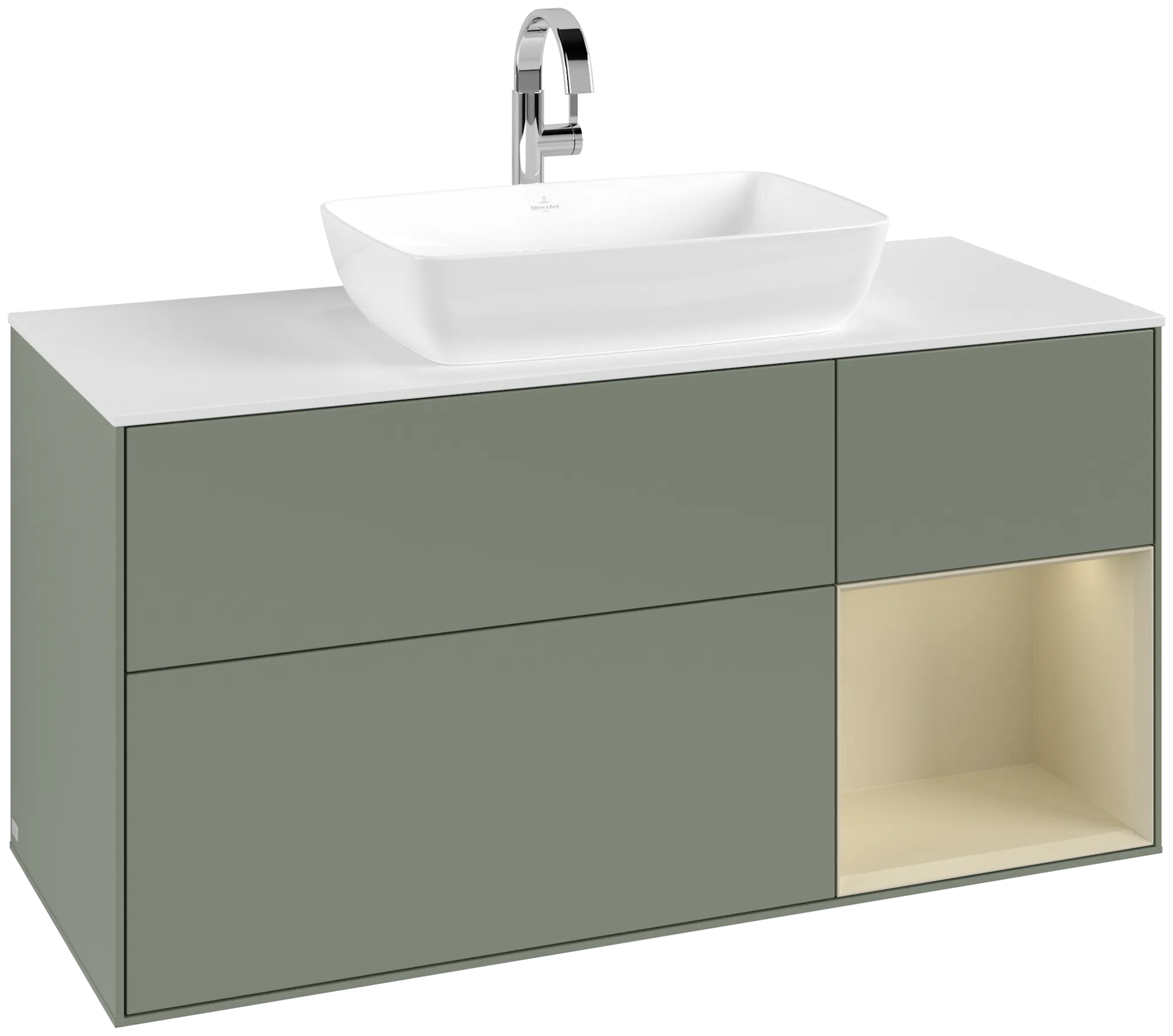 Villeroy & Boch Waschbeckenunterschrank Finion G83, 1200x603x501mm, Olive Matt Lacquer / Silk Grey Matt Lacquer / Glass White Matt