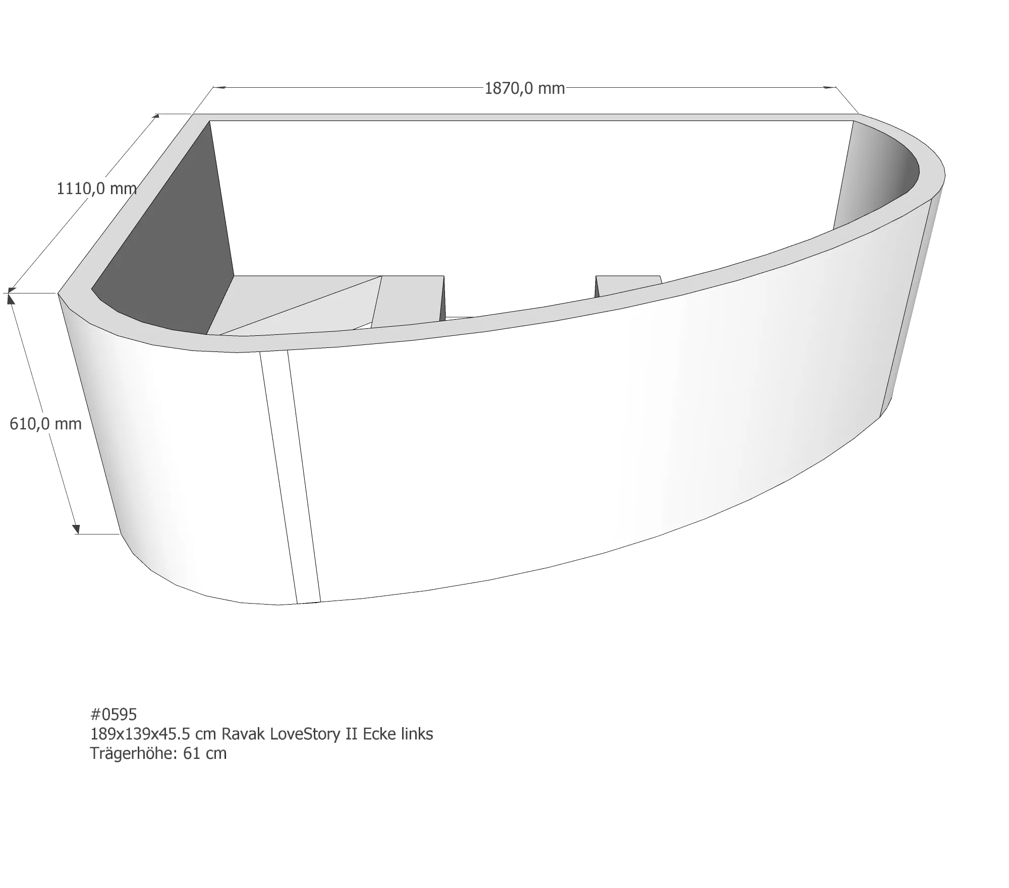 Badewannenträger passend für Ravak Love Story II links links 185 × 135 × 45,5 cm
