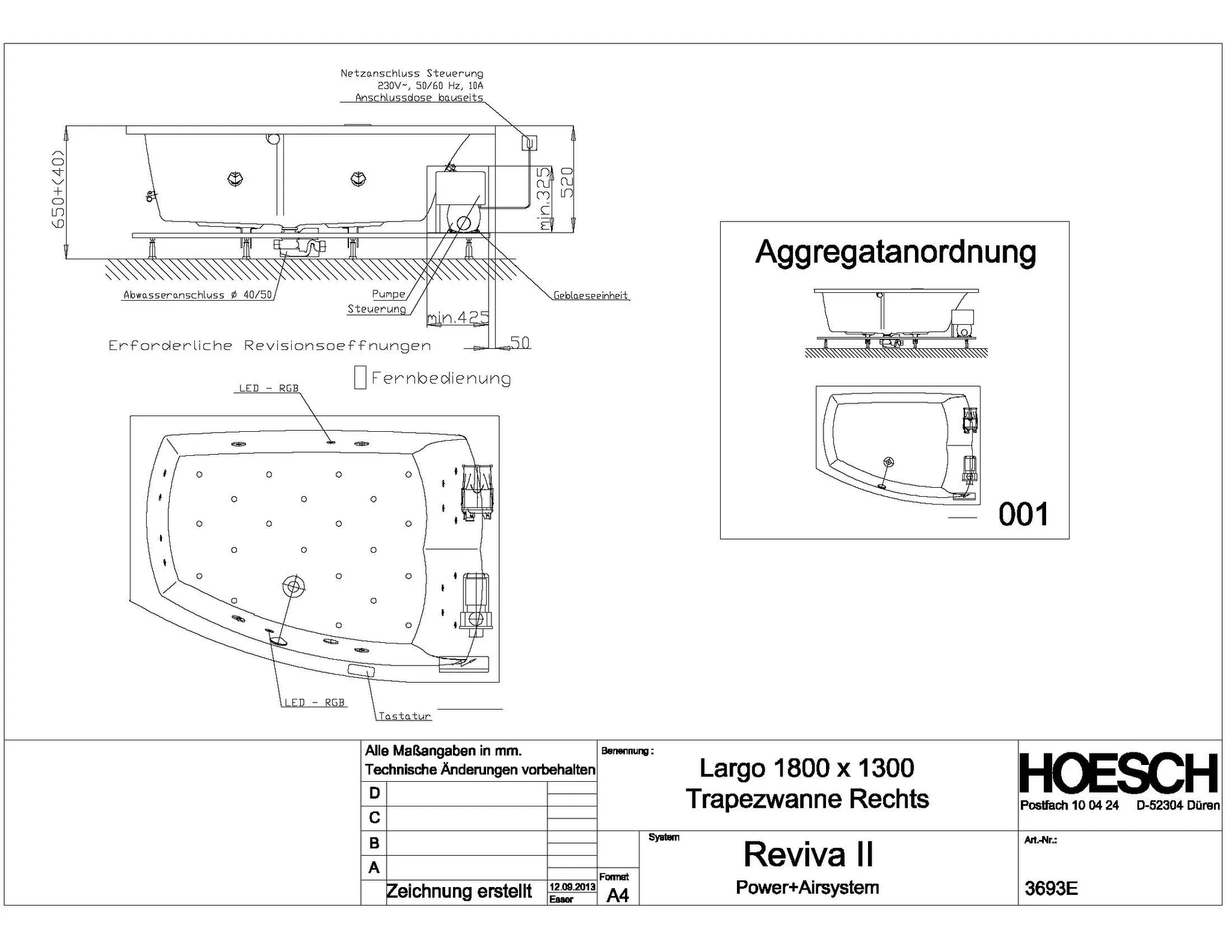 Hoesch Whirlwanne „Largo“ mit Whirlsystem „Reviva II“ trapez 180 × 130 cm in Weiß