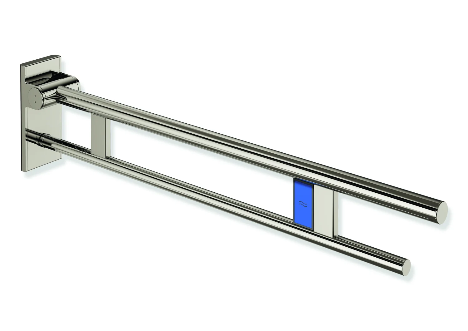 HEWI System 900 - Mobiler Stützklappgriff Duo, PVD nickelglänzend, Ausladung 900 mm, Funk-Spülauslösung, links, passend zu WC-Funkspülsystemen