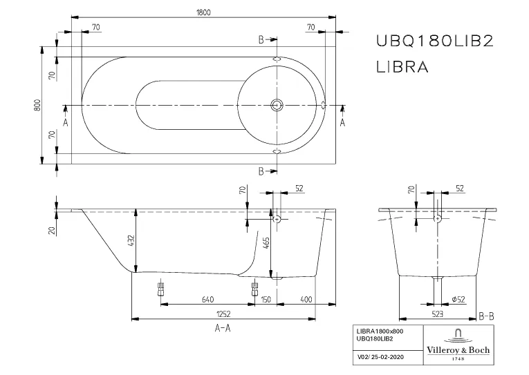 Villeroy & Boch Badewanne „Libra“ rechteck 180 × 80 cm, Fußablauf