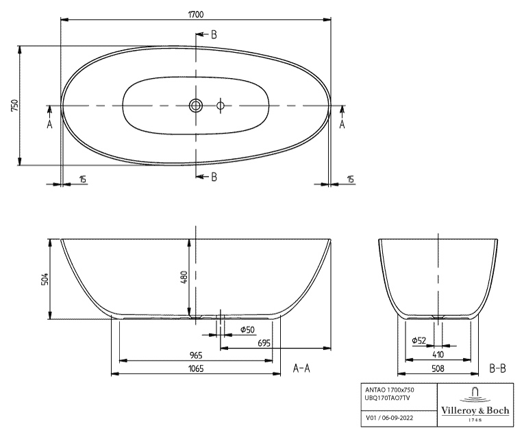 Villeroy & Boch Badewanne „Antao“ freistehend oval 170 × 75 cm, rechteckig 