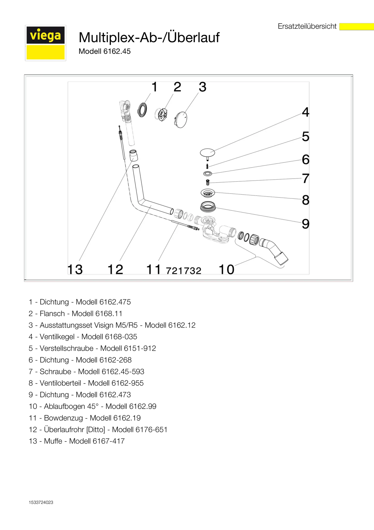 Viega Ab- und Überlaufgarnitur Modell 6162.45 „Multiplex“ für Standardwannen (Ablauf am Fußende) Viega Ab- und Überlaufgarnitur Modell 6162.45 „Multiplex“ für Standardwannen (Ablauf am Fußende)