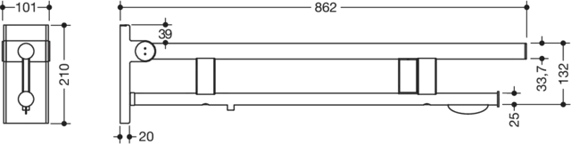 Stützklappgriff Duo, Design A des Systems 900, Edelstahl, PVD, Ausladung 850 mm, mit WC-Papierhalter und Spül-/Funktionstasten (E-Ausführung), Ausführung rechts, in Farbe CK (Messing glänzend)