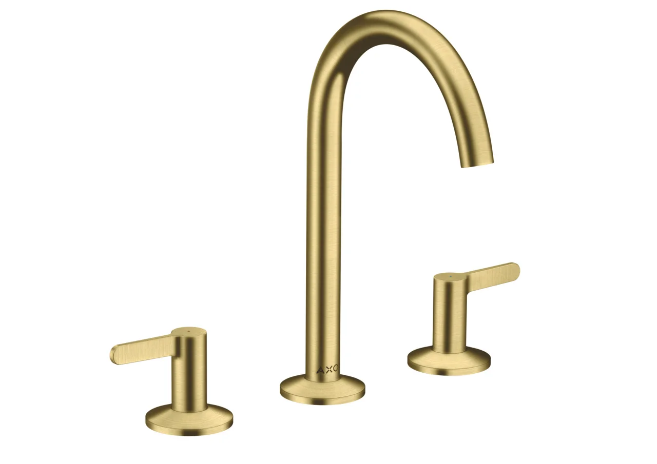 Hansgrohe AXOR One 3-Loch Waschtischarmatur 170 mit Hebelgriffen und Push-Open Ablaufgarnitur, Brushed Brass