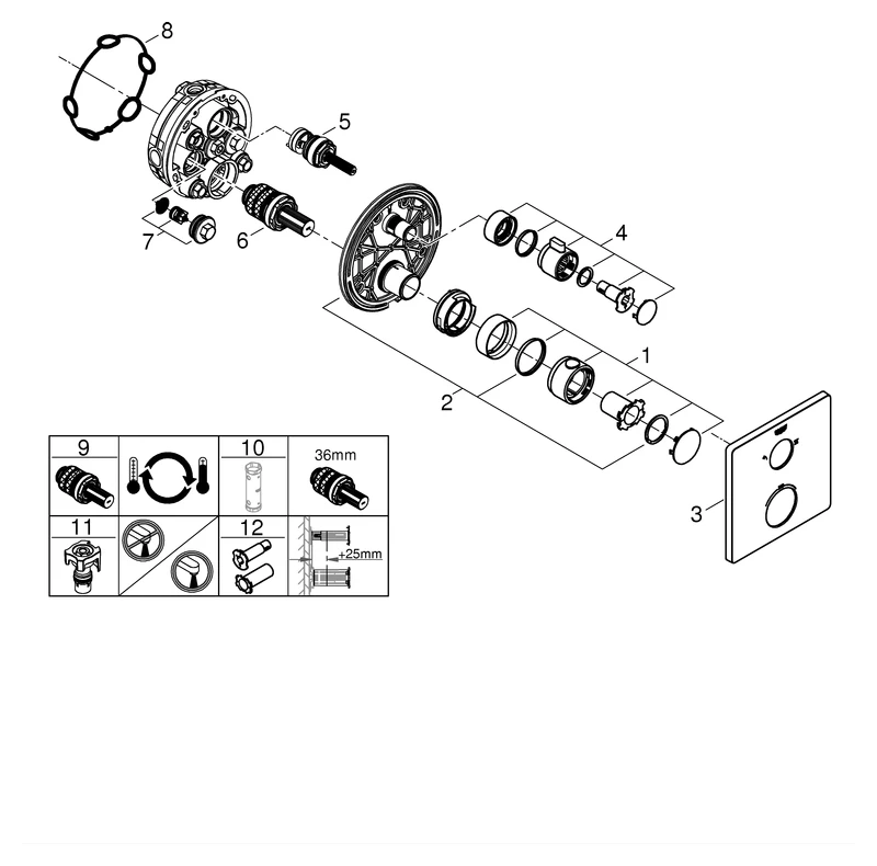 Thermostat-Brausebatterie Grohtherm 24079, mit integrierter 2-Wege-Umstellung, Fertigmontageset für Rapido SmartBox, chrom