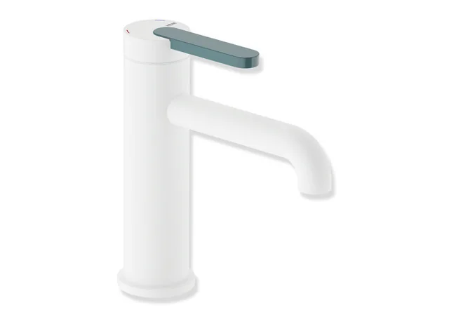 HEWI Einhebel-Waschtischmischer AQ477, pulverbeschichtet in Weiß tiefmatt mit farbigem Griffelement Aquablau, Höhe 172 mm, Ausladung 130 mm, Durchfluss 5 l/min, Keramikkartusche K-35OP, druckfest bis 35 bar