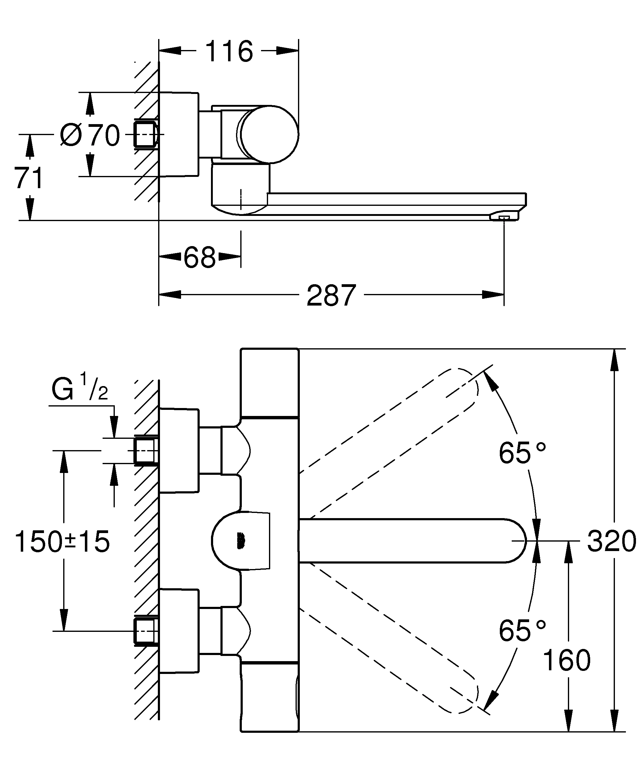 Infrarot-Elektronik für Waschtisch-Wandarmatur Eurosmart CE 36332, mit Mischeinrichtung und Thermostat, 6 V Lithium-Batterie, Typ CR-P2, Ausladung 287 mm, chrom