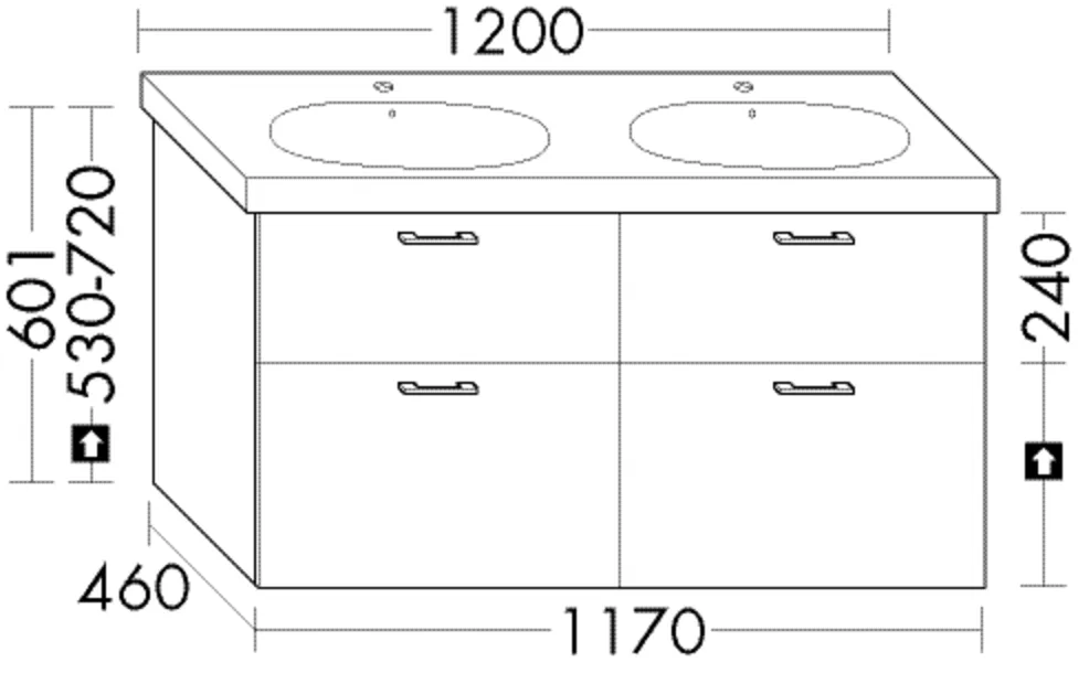 Waschtischunterschrank Sys30 von burgbad - 460 mm tief, 1.170 mm breit, 601 mm hoch, mit 2 Schubladen oben und 2 Auszügen unten, für Geberit Acanto 500.627 I 500.628
