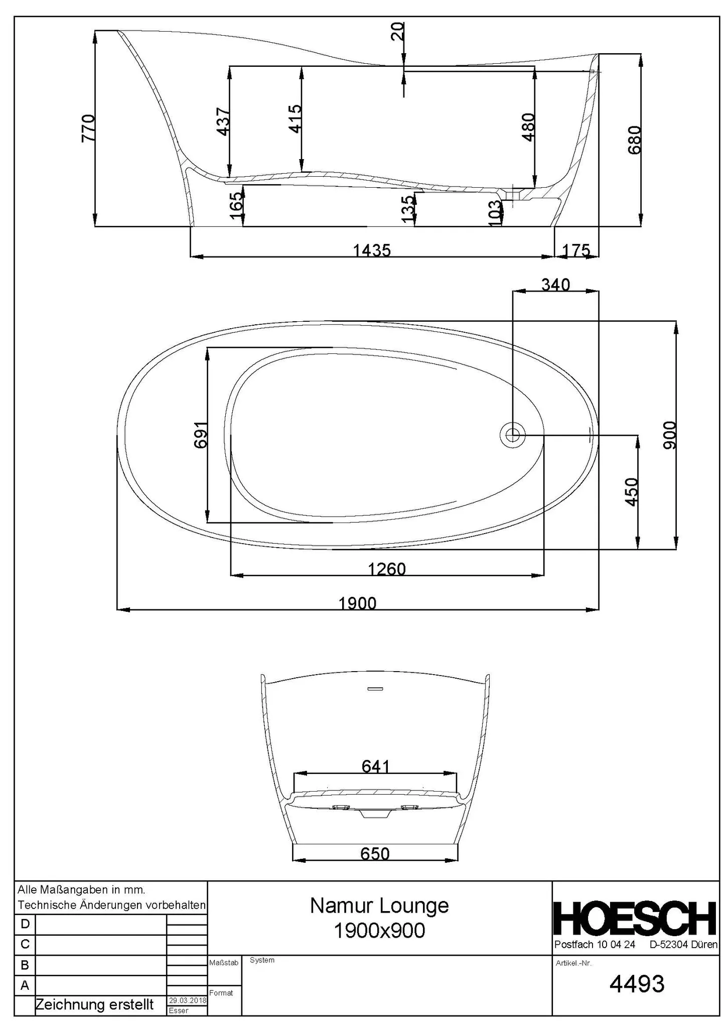 Hoesch Badewanne „Namur Lounge“ freistehend oval 190 × 90 cm in Weiß-Grau