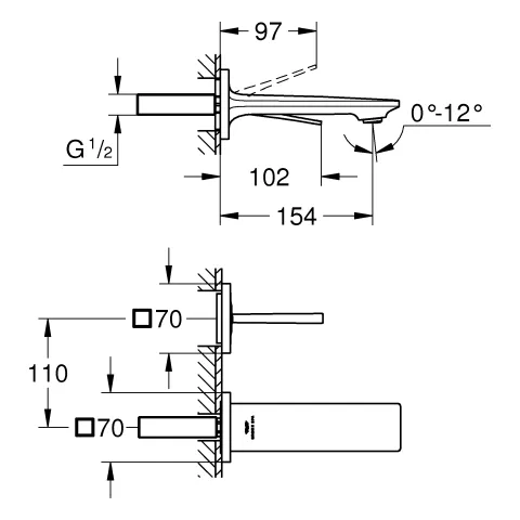 2-Loch-Waschtischbatterie Allure 19309_2, Wandmontage Fertigmontageset für 23 429, Stichmaß 110 mm, Ausladung 154 mm, chrom 2-Loch-Waschtischbatterie Allure 19309_2, Wandmontage Fertigmontageset für 23 429, Stichmaß 110 mm, Ausladung 154 mm, chrom