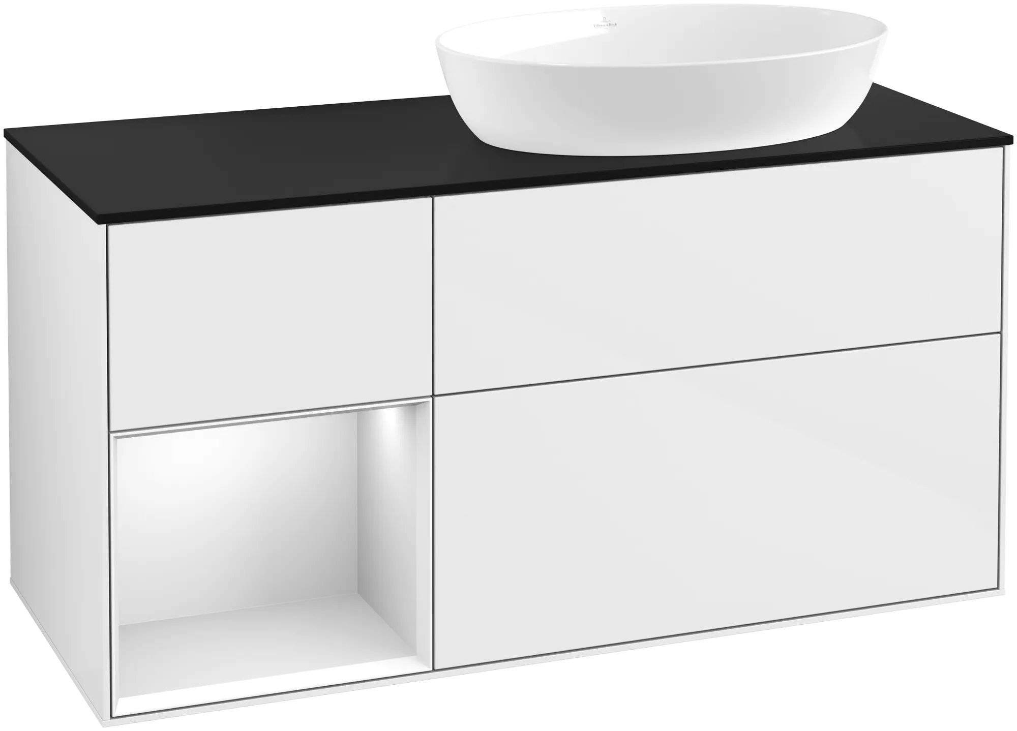 Villeroy & Boch Finion FA4 Waschbeckenunterschrank, 1200x603x501mm, Glossy White Lacquer/White Matt Lacquer/Glass Black Matt Villeroy & Boch Finion FA4 Waschbeckenunterschrank, 1200x603x501mm, Glossy White Lacquer/White Matt Lacquer/Glass Black Matt