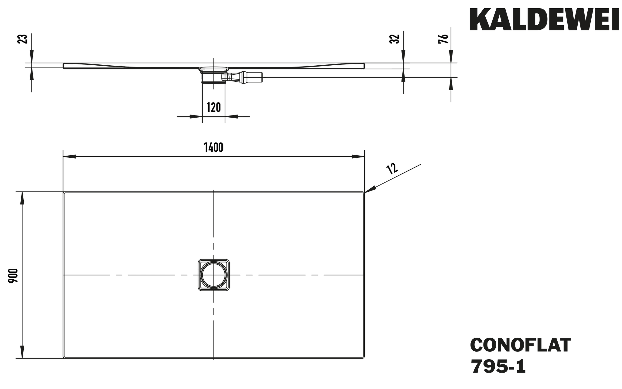 Kaldewei CONOFLAT Duschfläche, alpinweiß, 900 x 1400 mm, bodengleich, 23 mm tief