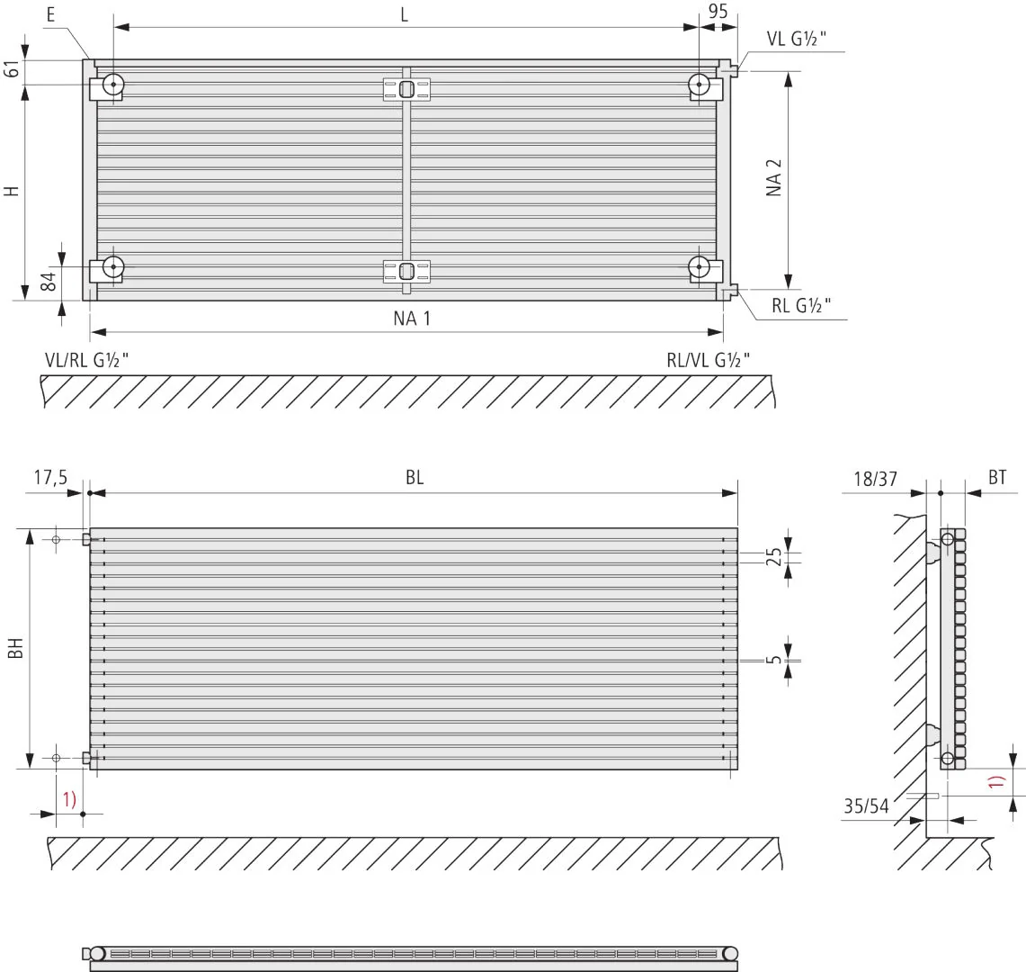 Kermi Carre Bad- und Wohnheizkörper, horizontal, 1-lagig, 295 x 1000 x 60 mm, schwarz matt RAL 9005