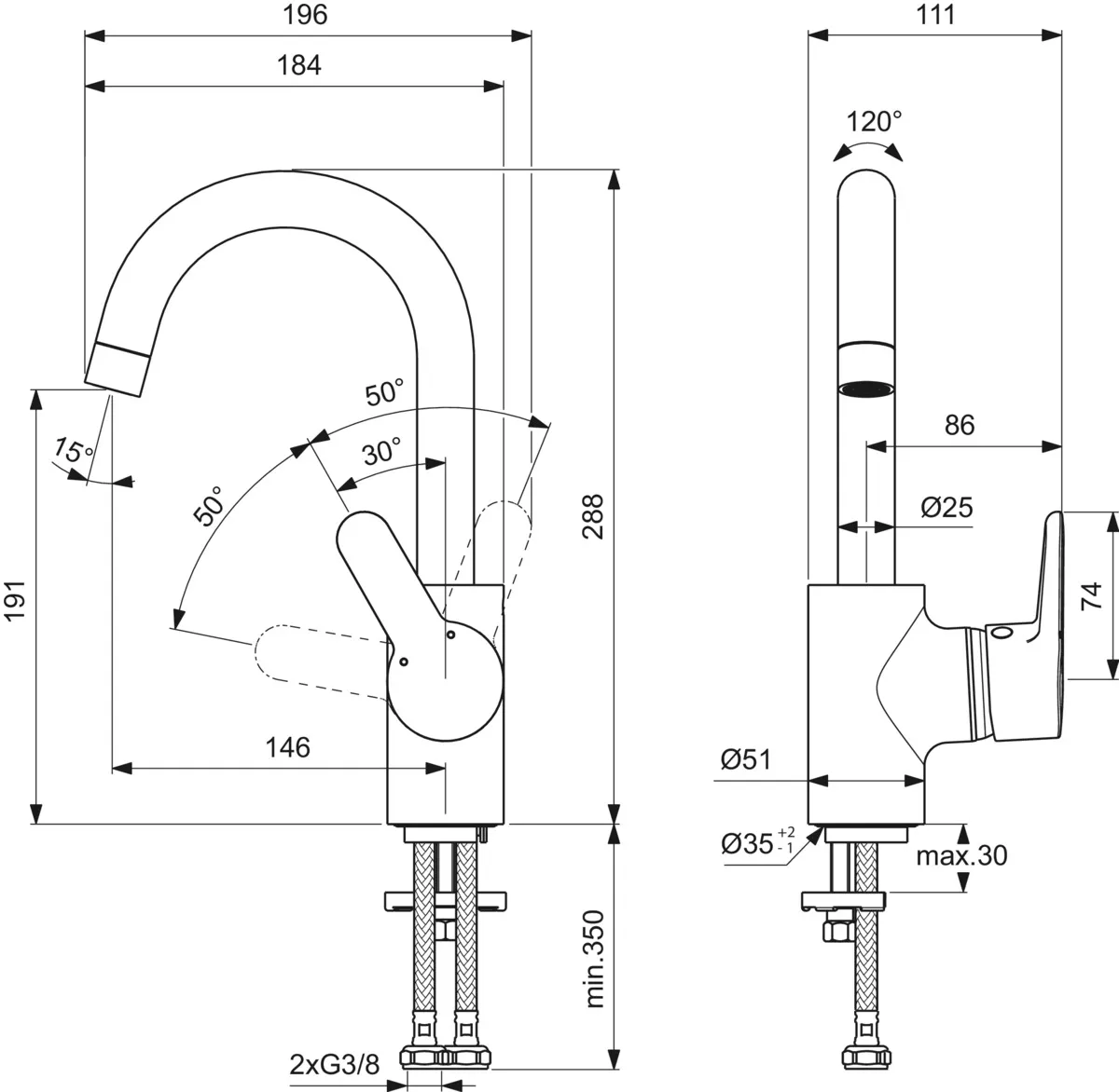 Waschtischarmatur Connect Blue, ohne Ablaufgarnitur, mit hohem Auslauf, Ausladung 146mm, Chrom