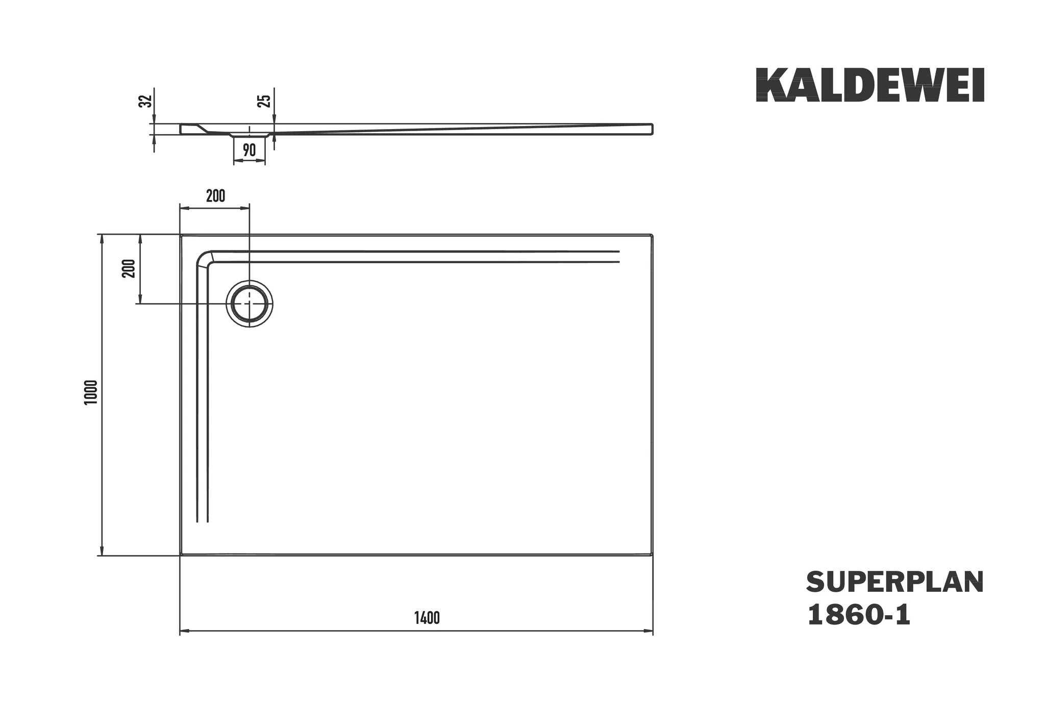 Kaldewei SUPERPLAN Duschfläche, alpinweiß matt Perl-Effekt, 1000 x 1400 mm, 25 mm tief, Eckablauf, bodeneben