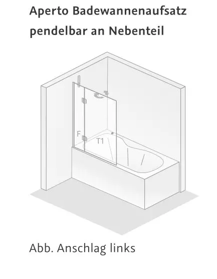 HSK teilgerahmt Badewannenaufsatz 2-teilig „Aperto“ pendelbar an Nebenteil Glas Klar hell, Profile Chromoptik (Alu Hochglanz poliert), B: 900 mm H: 1500 mm