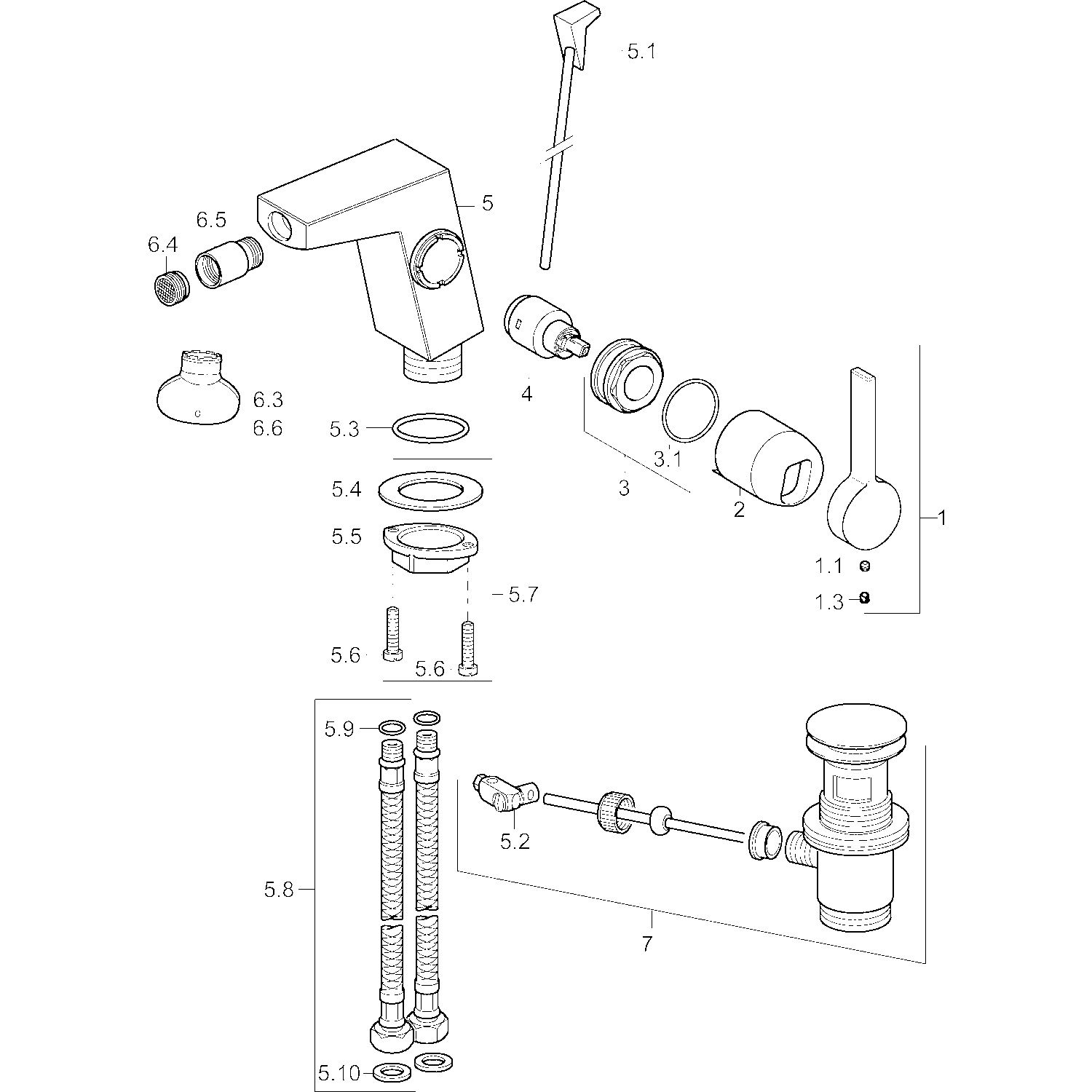 HA Einhebelmischer Bidetbatterie HANSALOFT 5758 Zugstangenablaufgarnitur Ausladung 141 mm DN15 Chrom