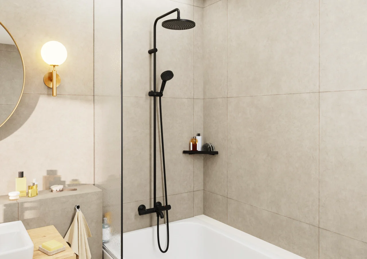 Hansgrohe Vernis Blend Showerpipe 240 1jet mit Wannenthermostat, mattschwarz, Aufputzinstallation, DN15, G 1/2, 150 ± 12 mm
