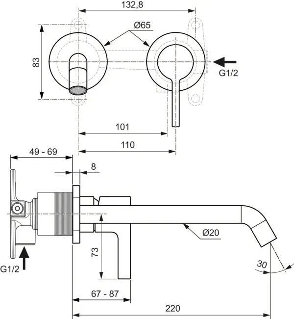 Wand-Waschtischarmatur Joy, Bausatz 2, runde Rosette, Ausladung 220mm, Brushed Gold Wand-Waschtischarmatur Joy, Bausatz 2, runde Rosette, Ausladung 220mm, Brushed Gold